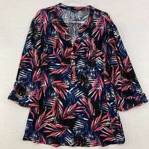 Ava & Grace size 3X Blue Pink Leaf Print Rolled Sleeve Stretch Popover Blouse